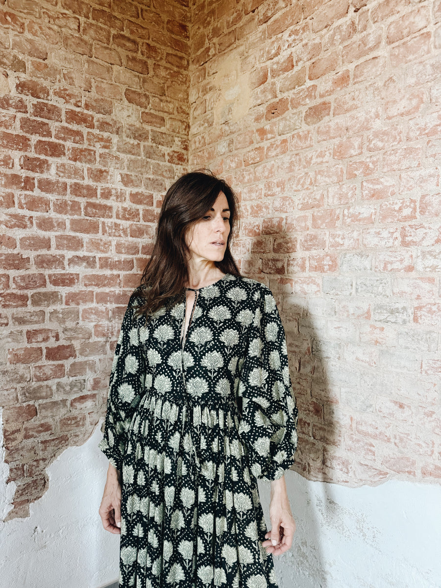 Black block printed dress